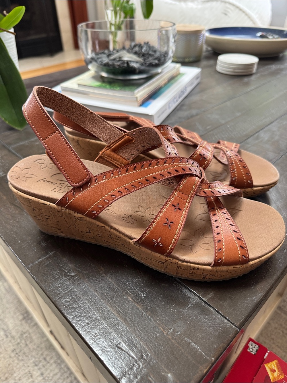 Skechers Tan Leather Strappy Cork Wedge Sandals